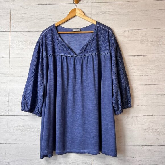 Catherines Top Womens Size 4XL Blue Eyelet Balloon Sleeve V Neck Blouse Peasant - Picture 1 of 13
